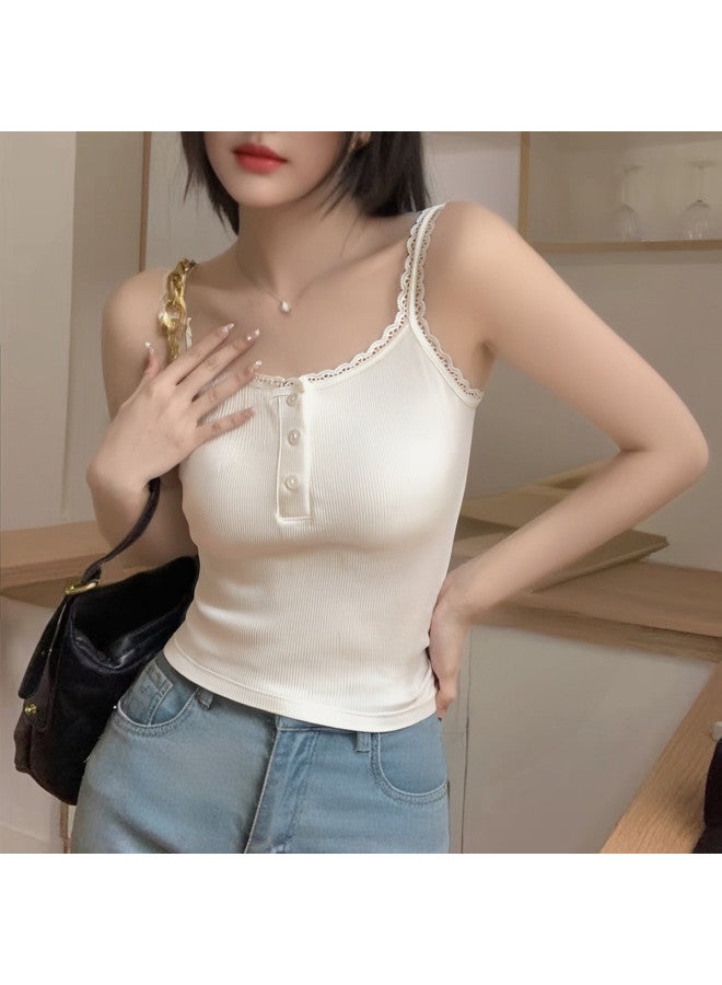 Goso Wire-Free Bralette With Built-In Pads, Summer Thin Lace White Camisole For Women - Image 4