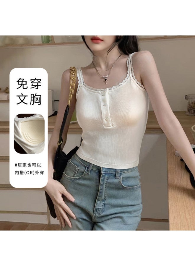 Goso Wire-Free Bralette With Built-In Pads, Summer Thin Lace White Camisole For Women - Image 2