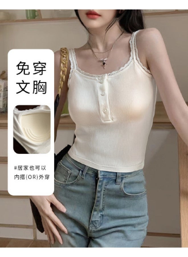 Goso Wire-Free Bralette With Built-In Pads, Summer Thin Lace White Camisole For Women - Image 1