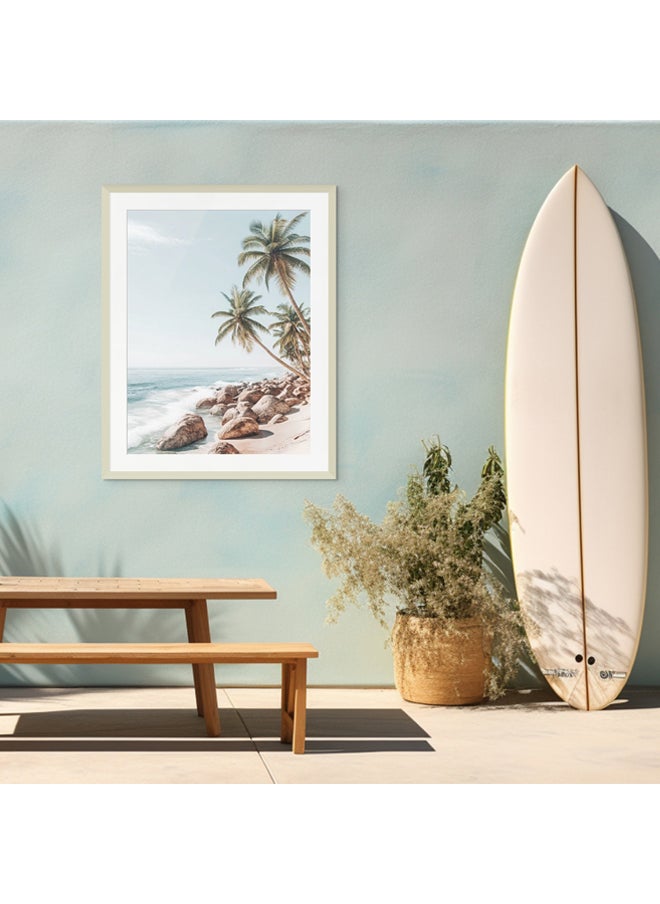 Art Decor - Art Decor Framed Fine Art of Tropical Beach with Palm Trees Portrait Aesthetic Coastal Print with Matt Board Wall Décor for Living Room Bedroom Home Office Hotel Gifting - Image 1