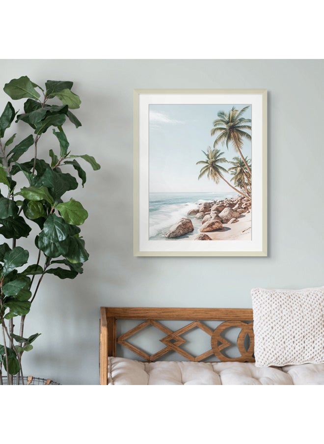 Art Decor - Art Decor Framed Fine Art of Tropical Beach with Palm Trees Portrait Aesthetic Coastal Print with Matt Board Wall Décor for Living Room Bedroom Home Office Hotel Gifting - Image 1