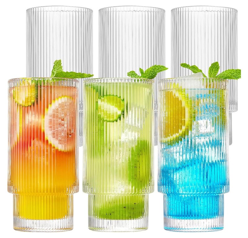 WRINGO 350ML Water Glass Tumbler Highball Glasses Clear Iced Tea and Glasses for Drinking Cocktail Juice Milkshake Coke Soda Vintage Glass Cups Dishwasher Safe Pack of 6 Lining A 6 Count - Image 1