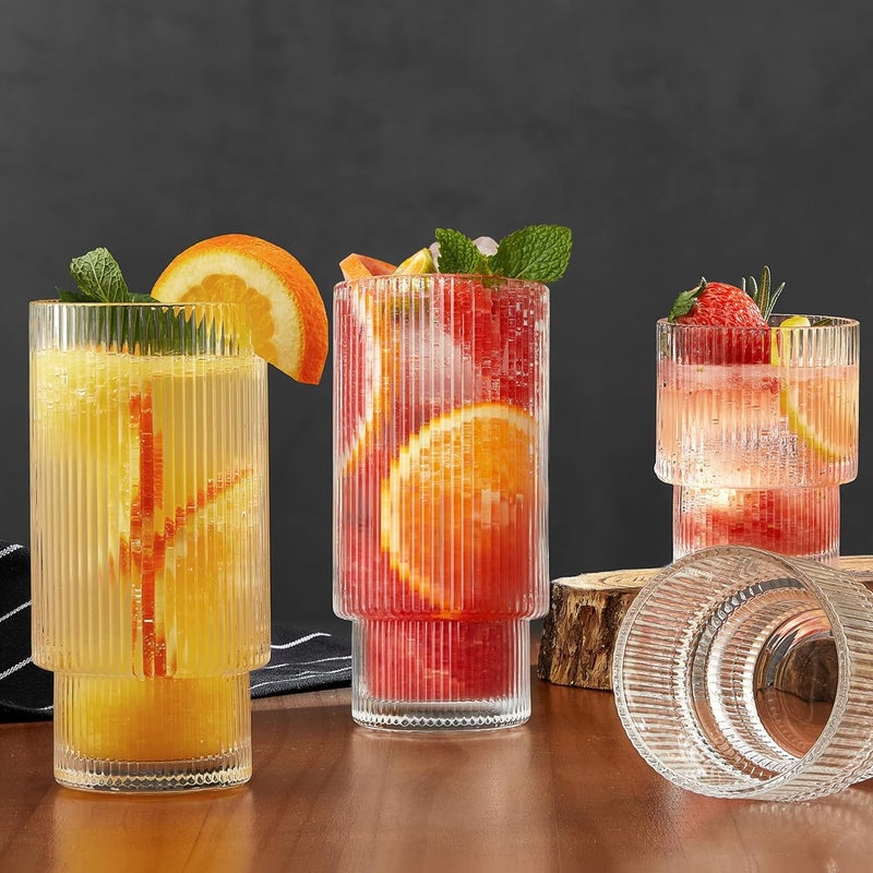 WRINGO 350ML Water Glass Tumbler Highball Glasses Clear Iced Tea and Glasses for Drinking Cocktail Juice Milkshake Coke Soda Vintage Glass Cups Dishwasher Safe Pack of 6 Lining A 6 Count - Image 2
