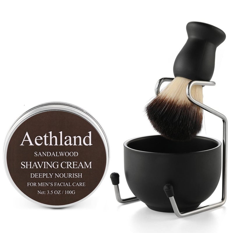Aethland Shaving Brush Set for Men Fathers Day Gift, Include 100g Shaving soap, Hair Shaving Brush with Solid Wood Handle, and Dia 3.1 inches Stainless Steel Shaving Bowl, Shaving Stand Wet Shaving - Image 1