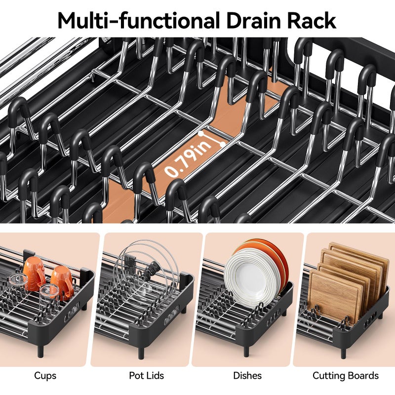 Urackify Stainless Steel Dish Drying Rack - Dish Drainer for Kitchen Counter, Extendable Drainboard with Foldable, Space-Saving Cup & Bowl Organizer, Includes Knife and Utensil Holder, Black - Image 4