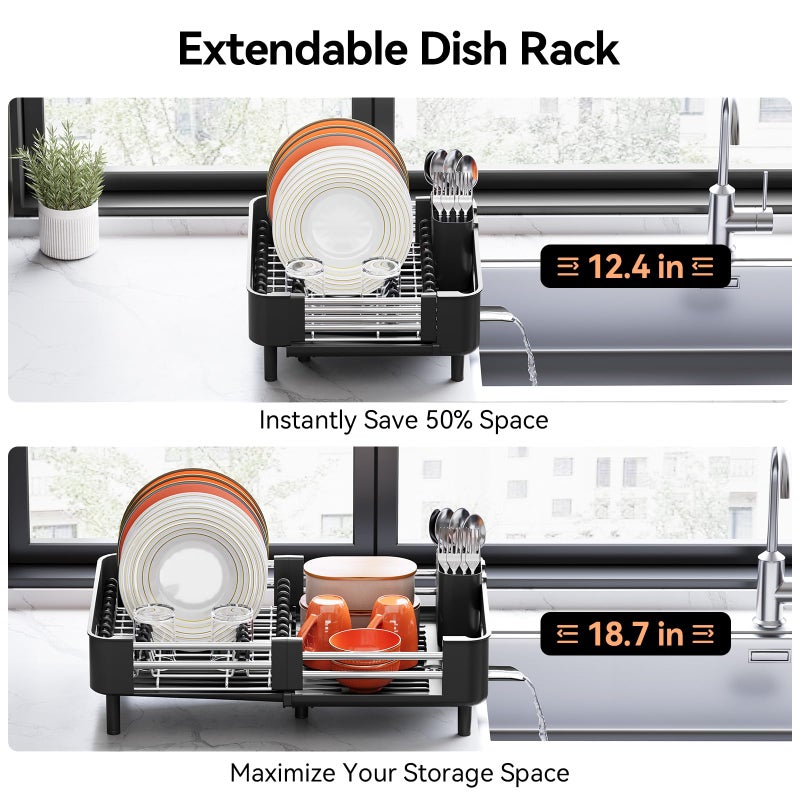 Urackify Stainless Steel Dish Drying Rack - Dish Drainer for Kitchen Counter, Extendable Drainboard with Foldable, Space-Saving Cup & Bowl Organizer, Includes Knife and Utensil Holder, Black - Image 3