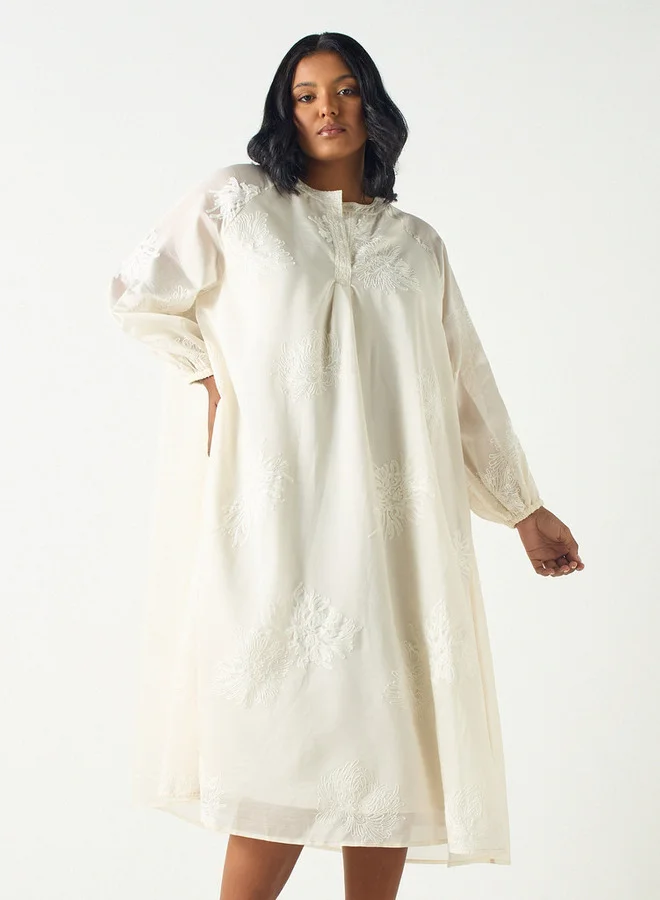 Ulla Popken Plus Size Ulla Popken Embroidered Midi Dress with Mandarin Neck