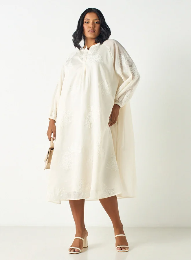 Ulla Popken Plus Size Ulla Popken Embroidered Midi Dress with Mandarin Neck