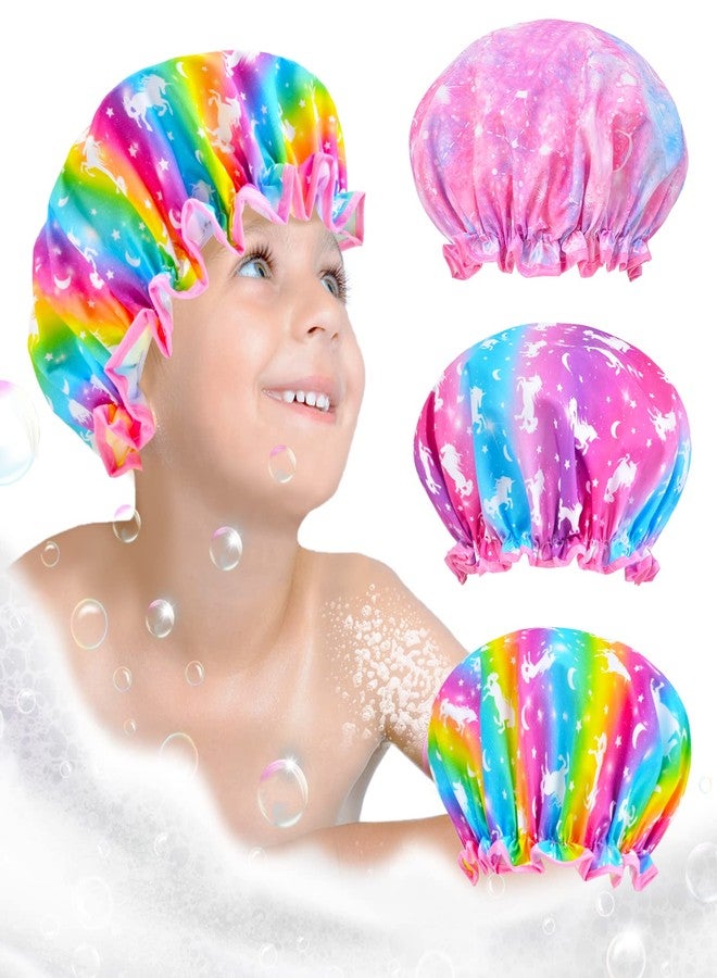Olypegic Kids Shower Cap, 3 Pcs Girls Shower Cap for Kids Reusable Waterproof Adjustable Large Hair Cap Unicorn Mermaid Rainbow Cute Hair Cover Hat - Image 1