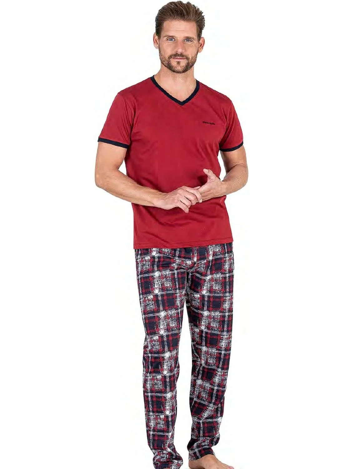 بيير كاردان 6046 Men's Short Sleeve Combed Cotton Pajama Set - Claret Red