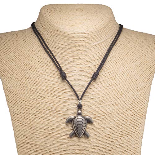 BlueRica Sea Turtle on Adjustable Black Cord Necklace (Old Silver Finish) - Image 2