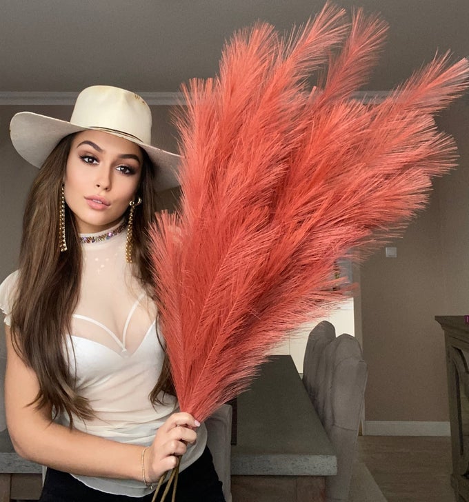 EXTRA LARGE TALL ORANGE FAKE FAUX ARTIFICIAL PAMPAS GRASS LARGE FLUFFY X3 115CM STEMS X18 DECORATIVE ARTIFICIAL FLORA FEATHERS FOR FLOOR VASES TALL ORANGE PLANT FLOWERS LONG PAMPAS GRASS