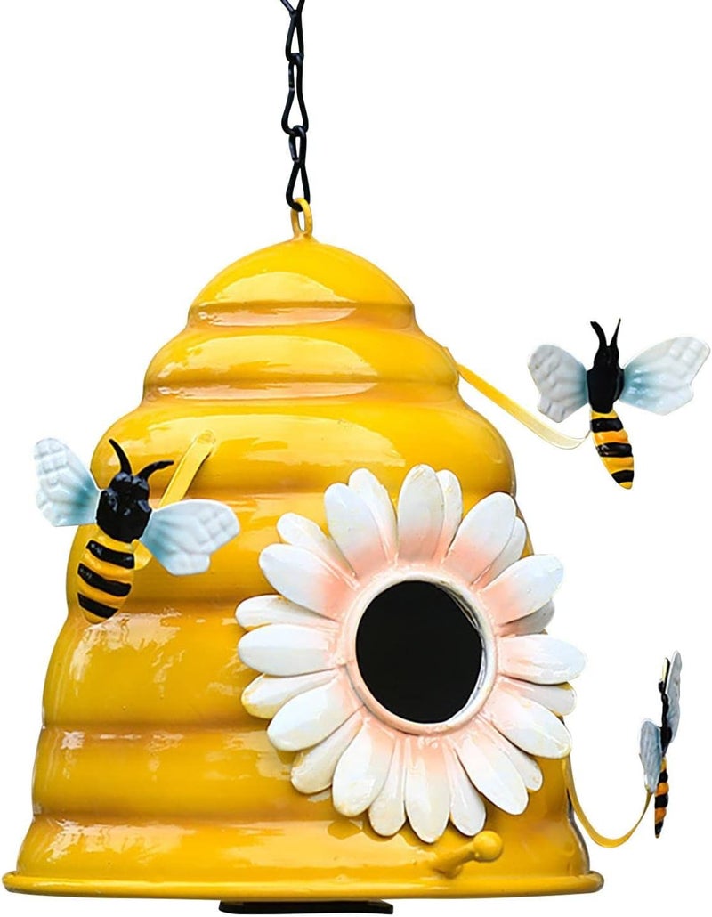klarako Hanging Decorative Outdoor Bird House, Handmade Metal Bee Themed Honeycomb Shaped Outdoor Bird Feeder and Bird Houses for Indoor Outdoor Garden Tree Decor (Yellow) - Image 1