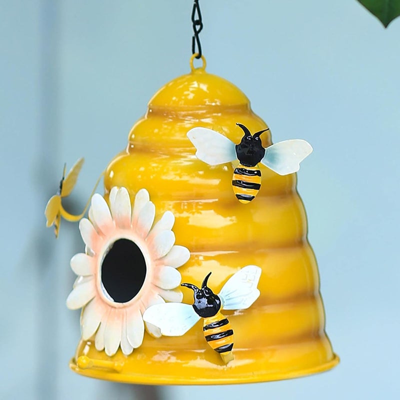 klarako Hanging Decorative Outdoor Bird House, Handmade Metal Bee Themed Honeycomb Shaped Outdoor Bird Feeder and Bird Houses for Indoor Outdoor Garden Tree Decor (Yellow) - Image 2