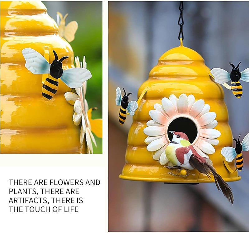 klarako Hanging Decorative Outdoor Bird House, Handmade Metal Bee Themed Honeycomb Shaped Outdoor Bird Feeder and Bird Houses for Indoor Outdoor Garden Tree Decor (Yellow) - Image 4