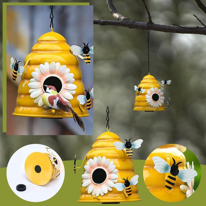klarako Hanging Decorative Outdoor Bird House, Handmade Metal Bee Themed Honeycomb Shaped Outdoor Bird Feeder and Bird Houses for Indoor Outdoor Garden Tree Decor (Yellow) - Image 3