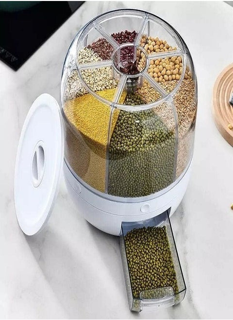Draxon rice dispenser 6 Grid lentils storage containers, cereal and grain kitchen food container rotating storage bucket round rice output for grains, dog food, lentil, capacity around 6 Liters