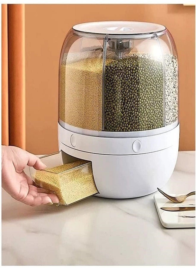 Generic - Draxon rice dispenser 6 Grid lentils storage containers, cereal and grain kitchen food container rotating storage bucket round rice output for grains, dog food, lentil, capacity around 6 Liters - Image 1