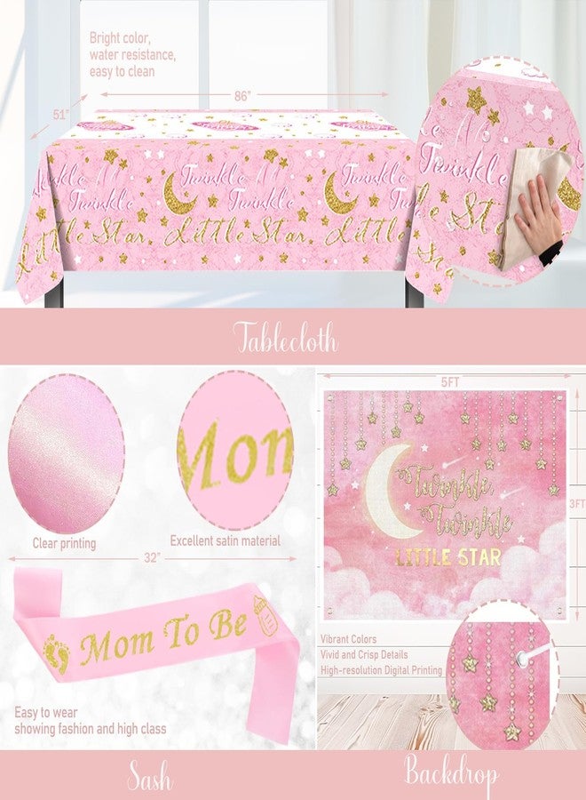 Hombae Twinkle Twinkle Little Star Baby Shower Decorations, Moon and Stars Baby Shower Decorations Backdrop Balloon Glitter Banner Tablecloth Cake Topper Sash for Space Party Supplies Pink Silver - Image 5