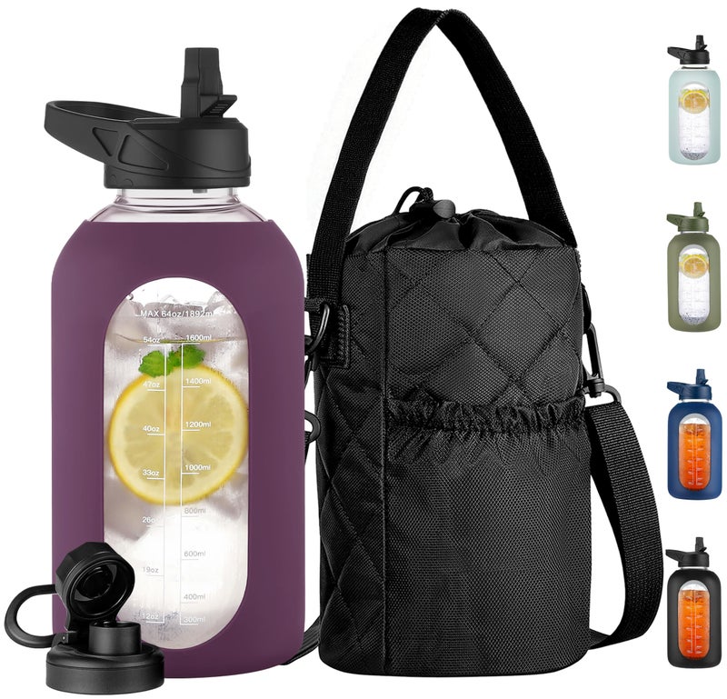 CIVAGO Half Gallon Glass Water Bottle with Straw and Insulated Bottle Holder Sling, 64 oz Motivational Water jug with Time Marker and Silicone Sleeve, Water Flask with 2 Lids, Mauve - Image 1
