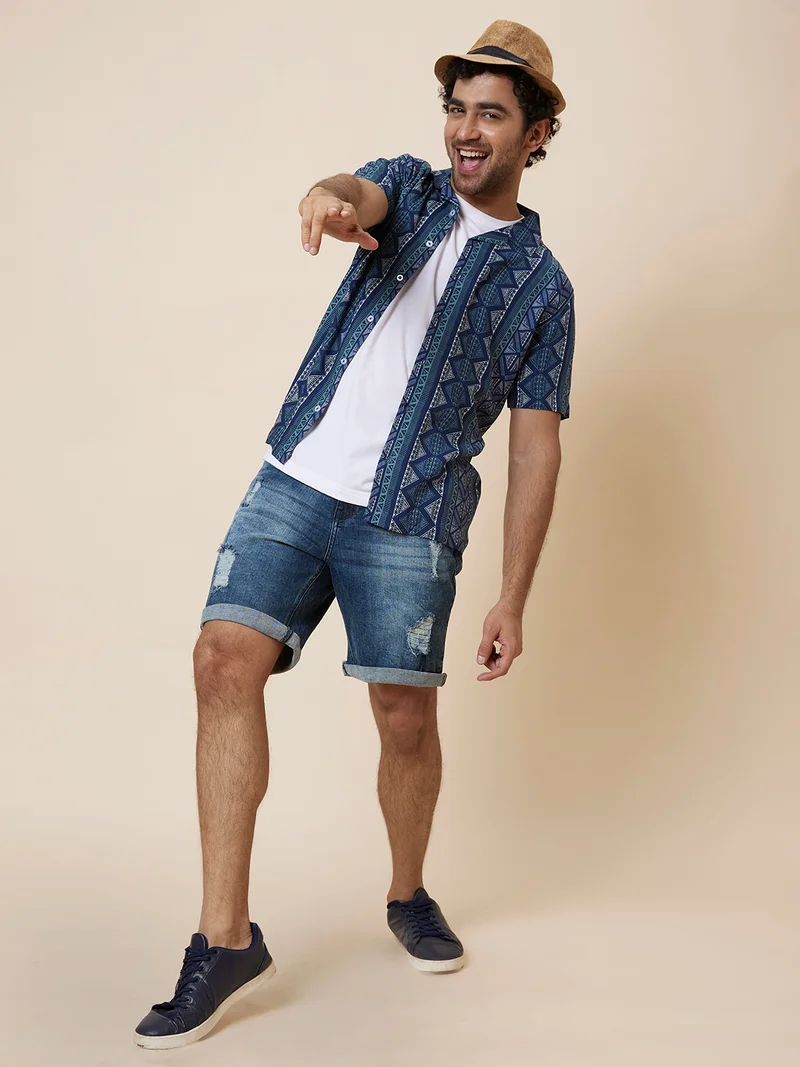 globus Globus Men Blue Printed Regular Fit Casual Shirt
