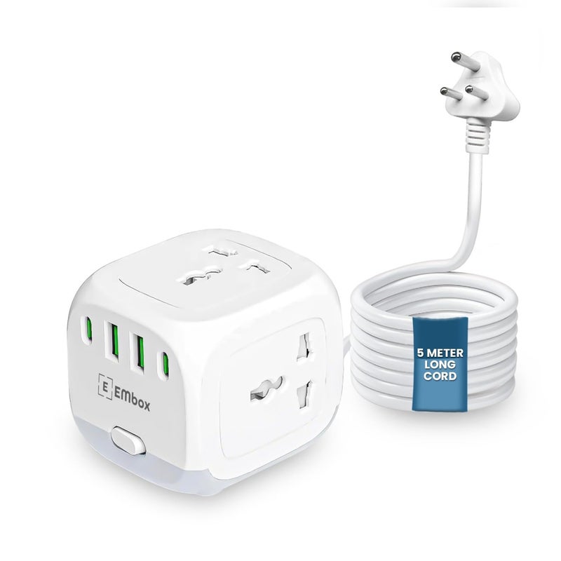 EMBOX Cube Extension Board with USB Port with Universal Sockets with Overload Protector, Indicator, 2 mtr Extension Cord, Safety Shutter (3 Socket + 4 USB + 5 mtr) - Image 1