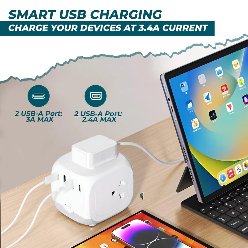 EMBOX Cube Extension Board with USB Port with Universal Sockets with Overload Protector, Indicator, 2 mtr Extension Cord, Safety Shutter (3 Socket + 4 USB + 5 mtr) - Image 5