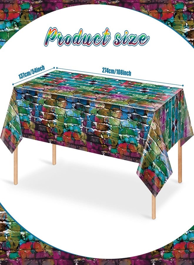 FunnyPars 3 Pack Colorful Brick Tablecloth Rectangle, Graffiti Brick Wall Backdrop Photo Background, Plastic Retro Brick Table Cover, Brick Wall Scene for 80s 90s Hip Hop Disco Party Decorations, 54x108Inch - Image 2
