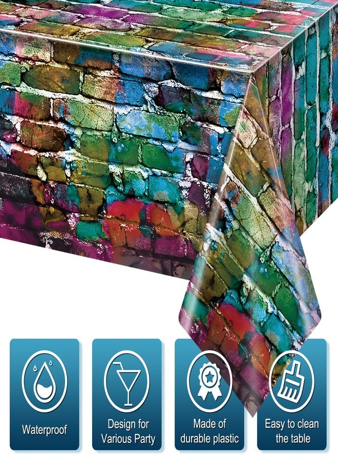 FunnyPars 3 Pack Colorful Brick Tablecloth Rectangle, Graffiti Brick Wall Backdrop Photo Background, Plastic Retro Brick Table Cover, Brick Wall Scene for 80s 90s Hip Hop Disco Party Decorations, 54x108Inch - Image 3