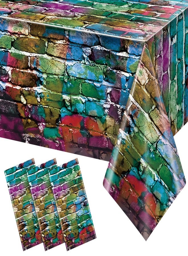 FunnyPars 3 Pack Colorful Brick Tablecloth Rectangle, Graffiti Brick Wall Backdrop Photo Background, Plastic Retro Brick Table Cover, Brick Wall Scene for 80s 90s Hip Hop Disco Party Decorations, 54x108Inch - Image 1