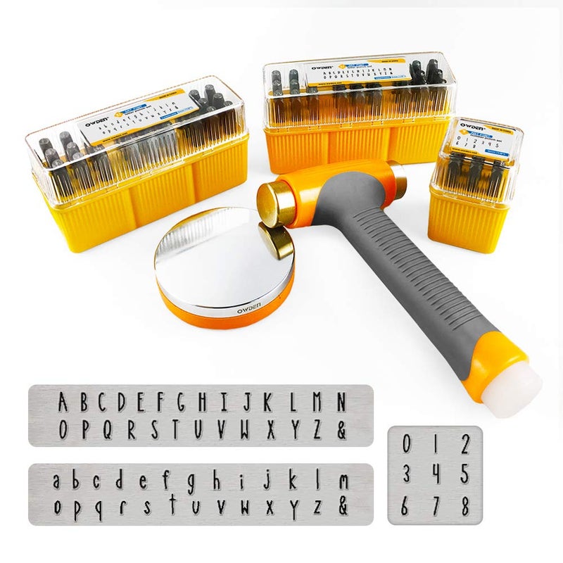 OWDEN Metal Stamps for Jewelry Making Art Font Uppercase Letter Punch Set and Art Font Lowercase Letter Punch wtih 1 Set Number Punch Set Size183mm Stamps Hammer and Steel Bench Block