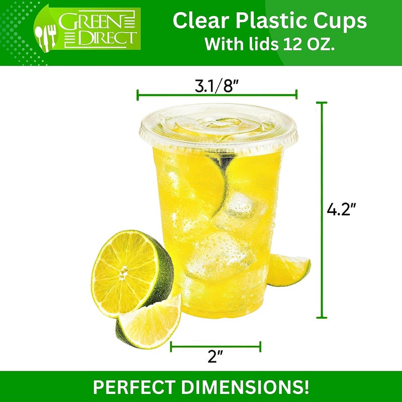 Green Direct 12 oz. Disposable Cups With Lids | Clear Plastic Cups With Lids | Iced Coffee Cups For Bubble Boba Tea | Cup and Flat Lid For Cold Drinking & Smoothie 100 Sets - Image 2