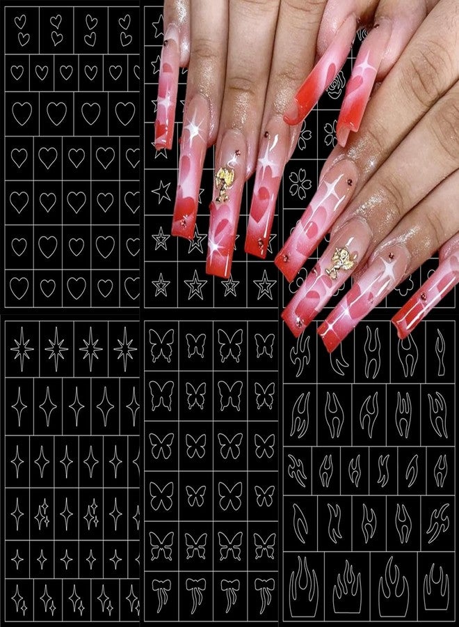 LRKNNO 6 Sheets Airbrush Nail Stencils Heart Butterfly Flowers Flame Star Nail Art Stickers Paper French Nail Guides for Women Manicure DIY French Tip Tools Supplies - Image 1