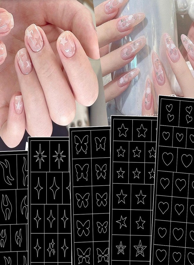 LRKNNO 6 Sheets Airbrush Nail Stencils Heart Butterfly Flowers Flame Star Nail Art Stickers Paper French Nail Guides for Women Manicure DIY French Tip Tools Supplies - Image 2
