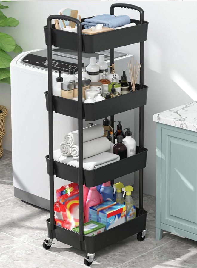 TAPIT Plastic Rolling Utility Cart Utility Storage Cart with Handle and Lockable Casters Multi-Functional Storage Trolley Easy Assemble for Bathroom Kitchen Office (4 Tier Black) - Image 1