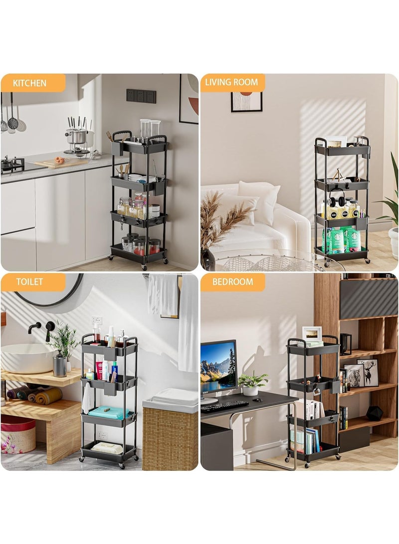 TAPIT Plastic Rolling Utility Cart Utility Storage Cart with Handle and Lockable Casters Multi-Functional Storage Trolley Easy Assemble for Bathroom Kitchen Office (4 Tier Black) - Image 4