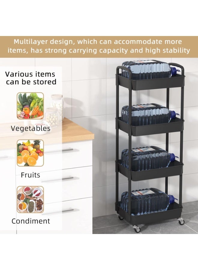 TAPIT Plastic Rolling Utility Cart Utility Storage Cart with Handle and Lockable Casters Multi-Functional Storage Trolley Easy Assemble for Bathroom Kitchen Office (4 Tier Black) - Image 3