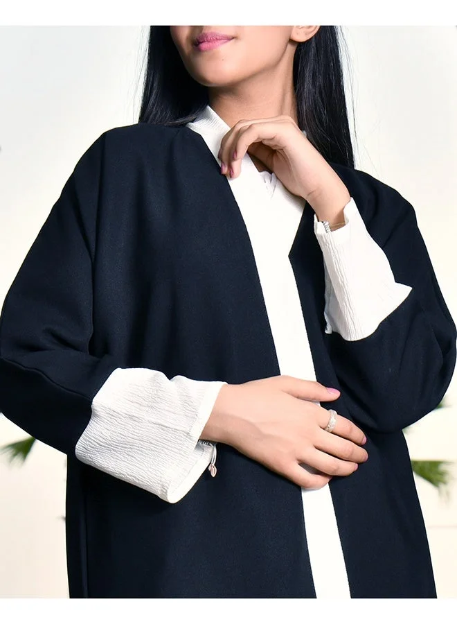 HAWRAA ABAYA Girls' Black Wrap Abaya with White Contrast Trim Along the Edges and Sleeves