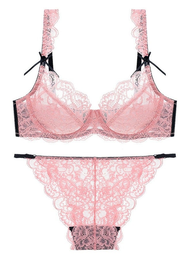 Loquat Ultra Thin Cup Lace Bra Panty Set Pink And Black Color Matching 