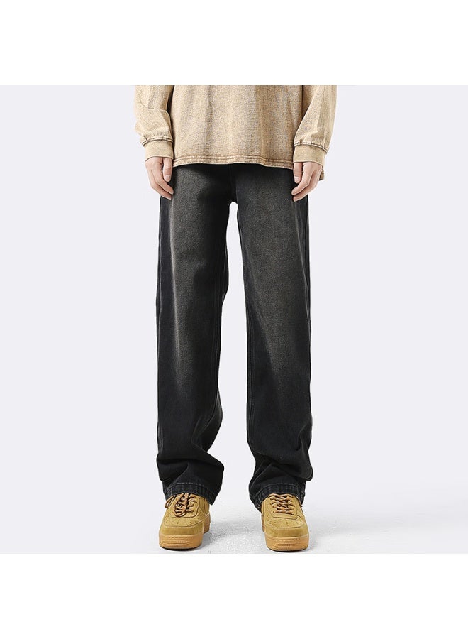 Homlean Washed Jeans For Men, Summer Vintage High Street Loose Straight Casual Wide-leg Trousers, An05 Black, Size M - Image 1