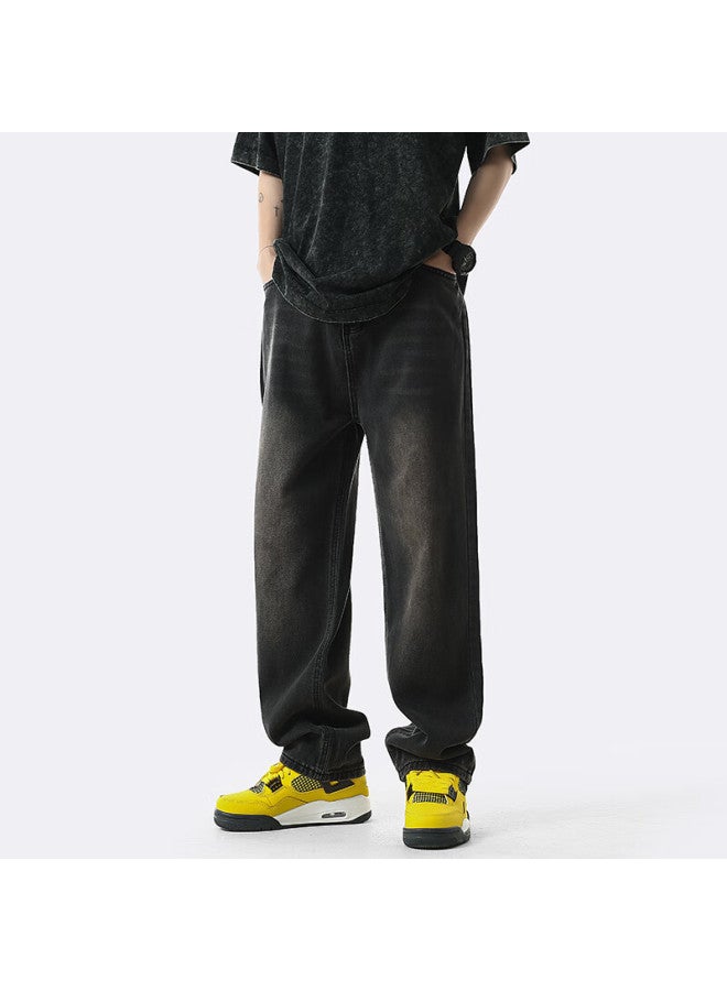 Homlean Washed Jeans For Men, Summer Vintage High Street Loose Straight Casual Wide-leg Trousers, An05 Black, Size M - Image 3