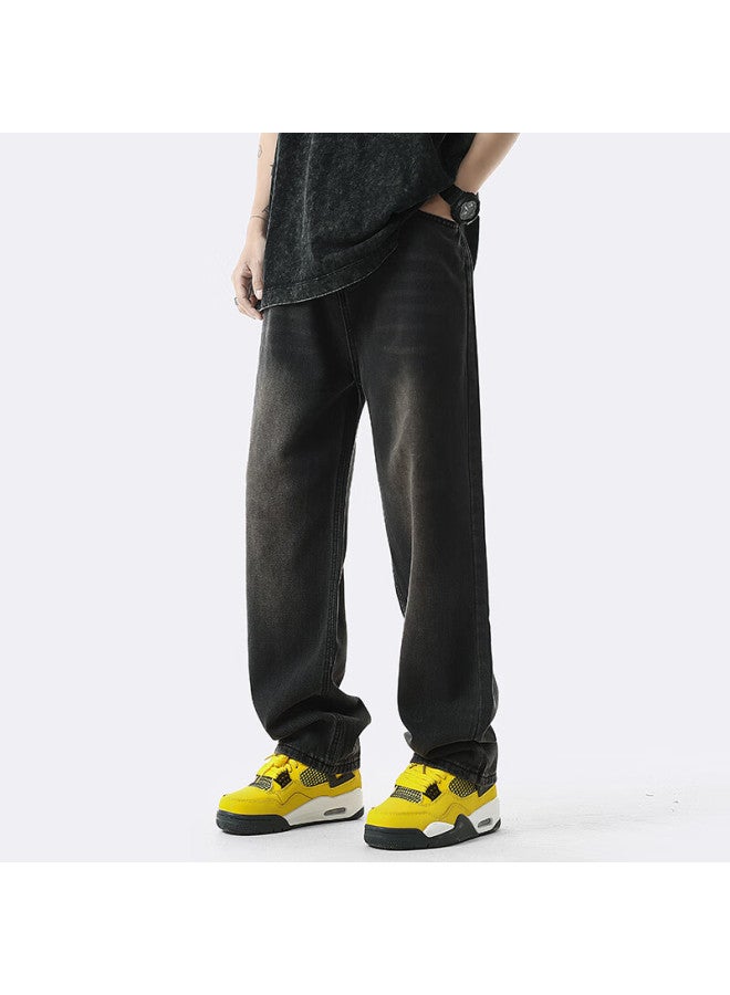 Homlean Washed Jeans For Men, Summer Vintage High Street Loose Straight Casual Wide-leg Trousers, An05 Black, Size M - Image 4