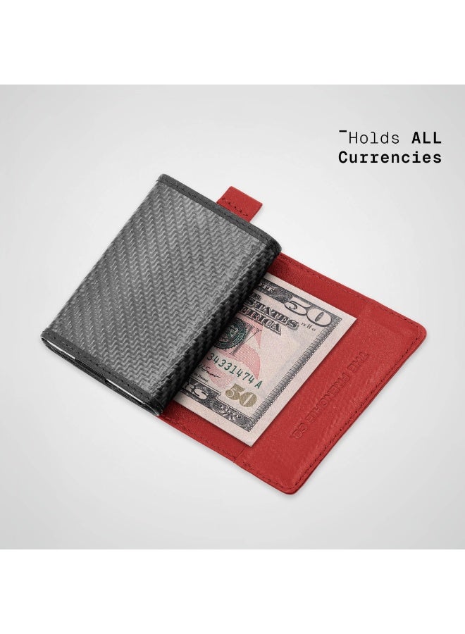 The Frenchie Co. Speed Wallet Mini | Ultra Slim Front Pocket Wallet for Men & Women | RFID Blocking Quick-Access Card Holder with Pull Tab | Carbon Fiber with Full-Grain Italian Leather Minimalist Design | Holds up to 14 Cards & Cash (Rouge-Noir) - Image 5