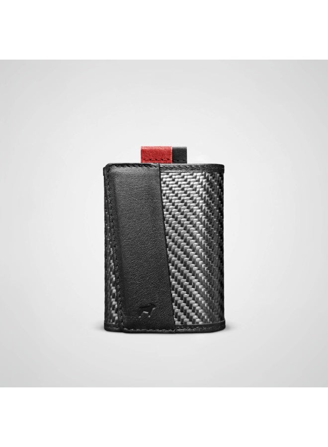 The Frenchie Co. Speed Wallet Mini | Ultra Slim Front Pocket Wallet for Men & Women | RFID Blocking Quick-Access Card Holder with Pull Tab | Carbon Fiber with Full-Grain Italian Leather Minimalist Design | Holds up to 14 Cards & Cash (Rouge-Noir) - Image 2