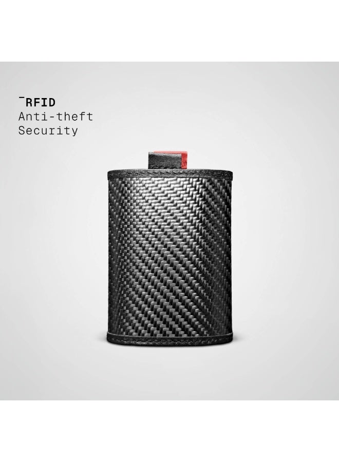 The Frenchie Co. Speed Wallet Mini | Ultra Slim Front Pocket Wallet for Men & Women | RFID Blocking Quick-Access Card Holder with Pull Tab | Carbon Fiber with Full-Grain Italian Leather Minimalist Design | Holds up to 14 Cards & Cash (Rouge-Noir) - Image 4