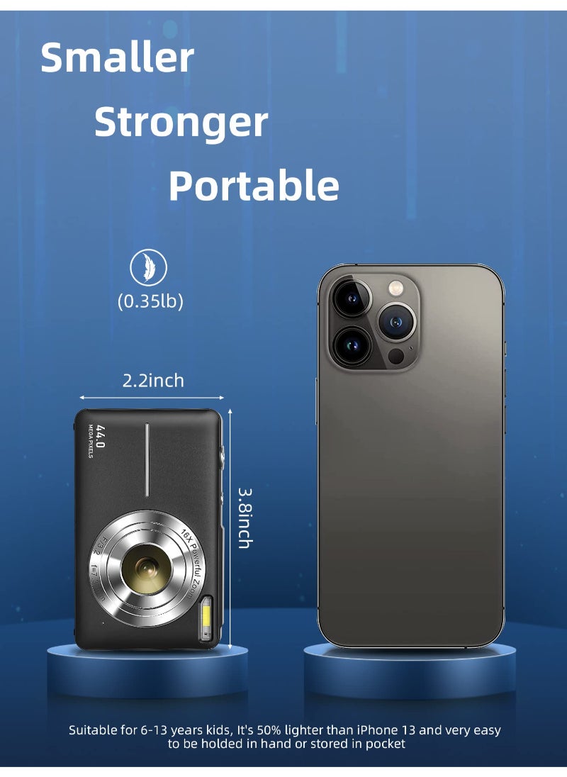 Generic - Digital Camera FHD 1080P Camera 44MP Point And Shoot Digital Cameras With 32GB SD Card 16X Zoom Two Batteries For Kids Black - Image 1