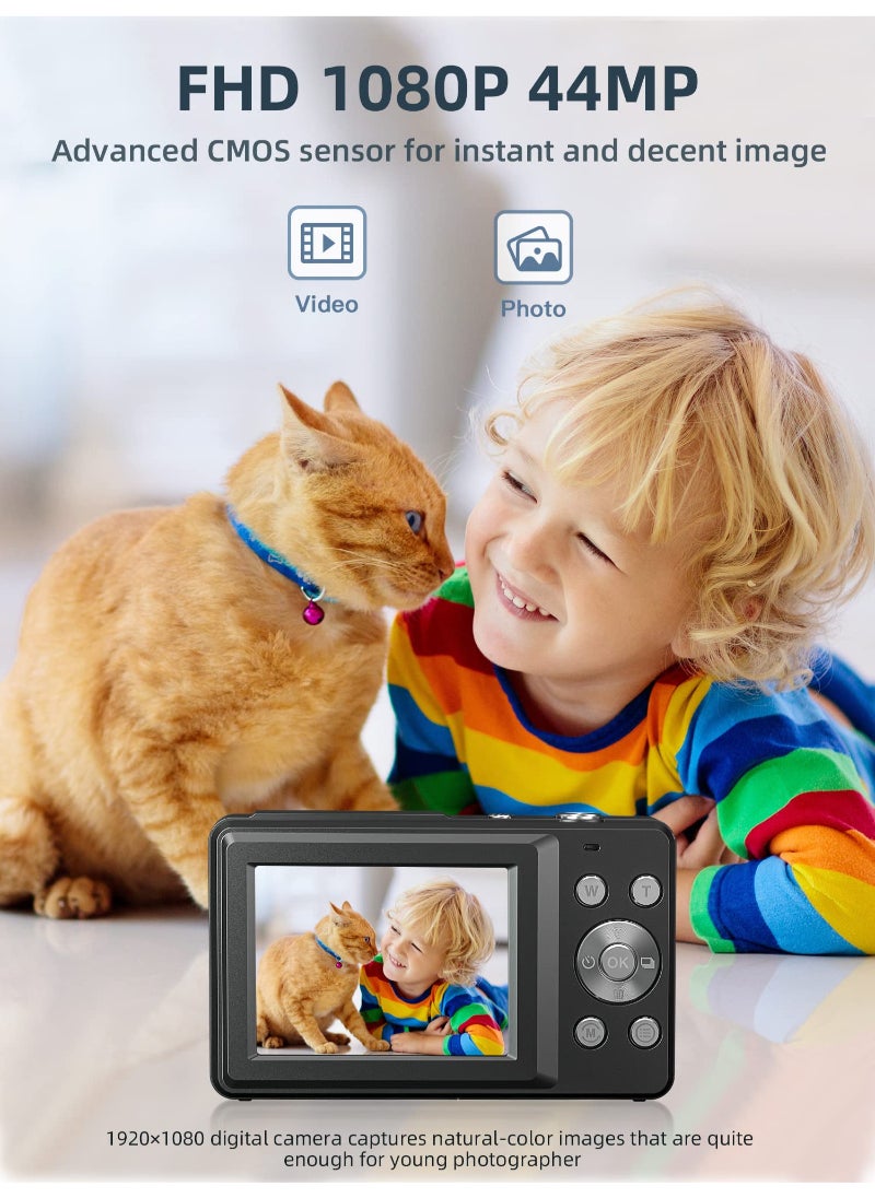 Generic - Digital Camera FHD 1080P Camera 44MP Point And Shoot Digital Cameras With 32GB SD Card 16X Zoom Two Batteries For Kids Black - Image 1