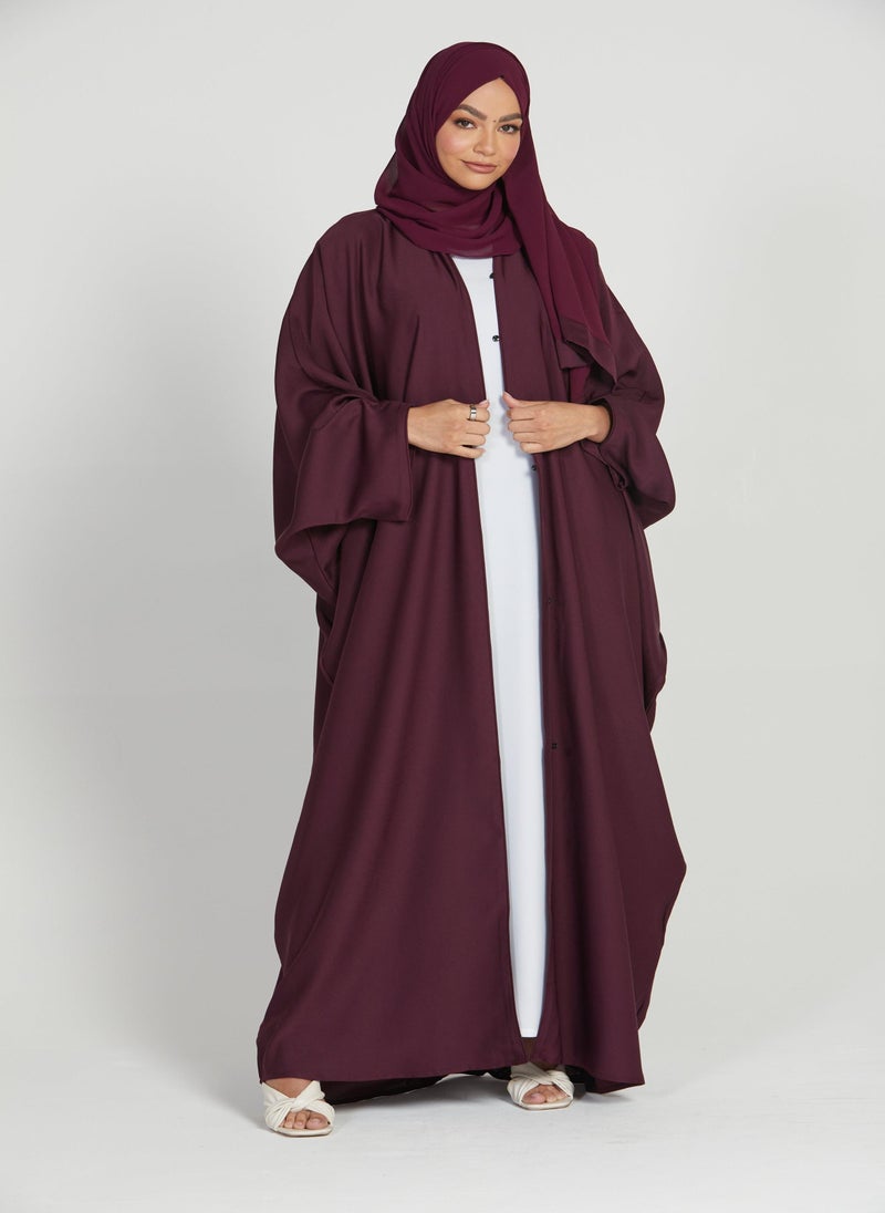 NUKHBAA - Elegant Maroon plain abaya wityh belt and Hijab-AB59 - Image 1