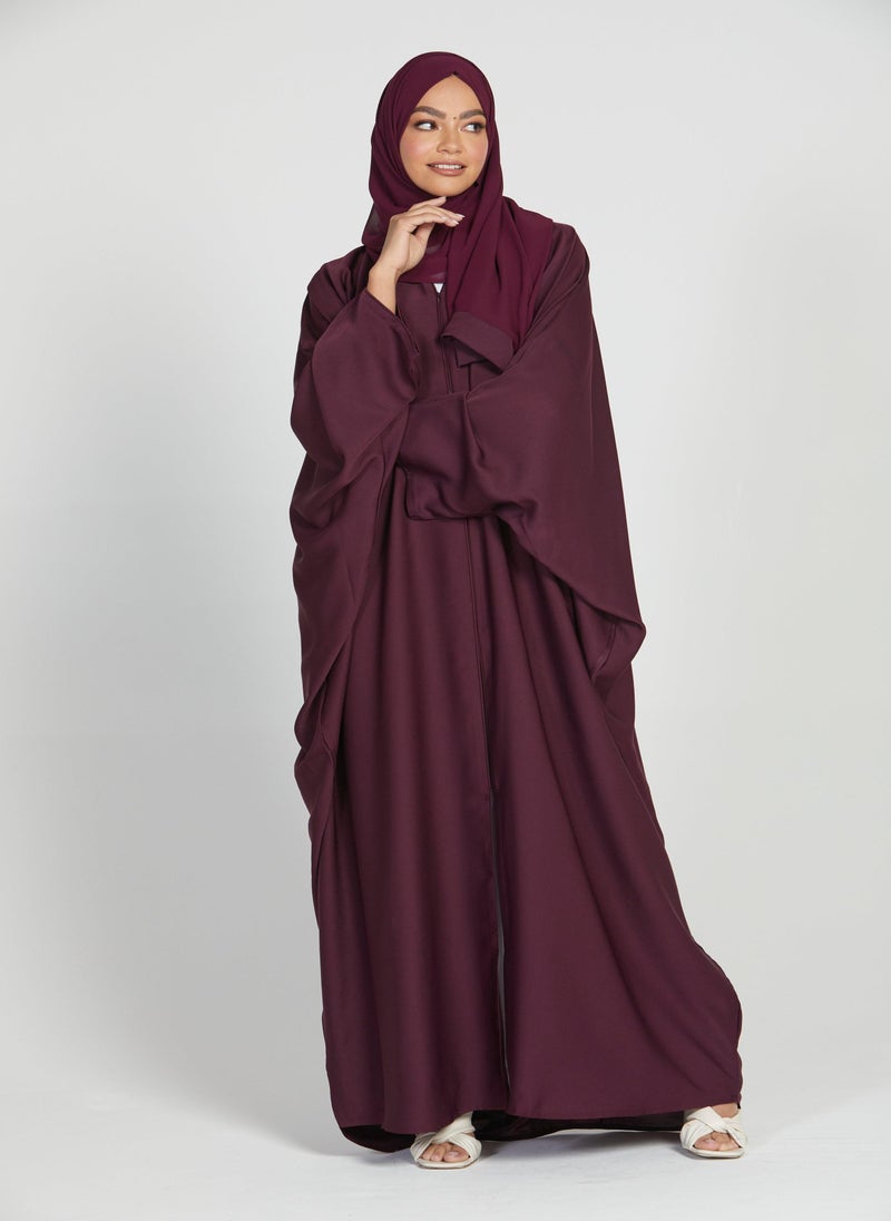 NUKHBAA - Elegant Maroon plain abaya wityh belt and Hijab-AB59 - Image 1