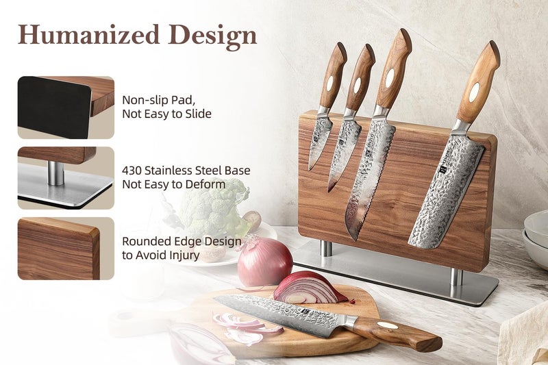 XINZUO Magnetic Knife Block,Natural Walnut Knife Holder Stand for Counter Top,with Strong Magnets,Double Sided Kitchen Knife Storage Rack - Image 2